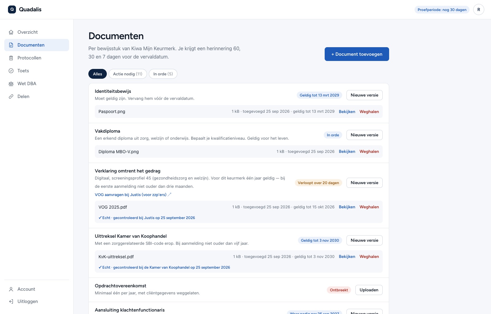De omgeving: documenten per
      bewijsstuk, met de geldigheid als label ernaast
